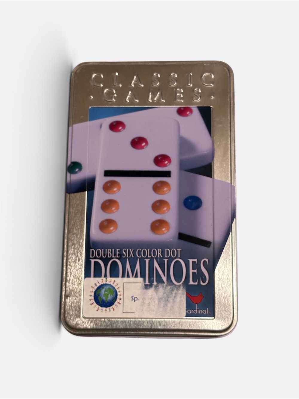 Classic Color Dot Dominoes Tin - White Tiles with Red, Orange, Blue, Green Dots